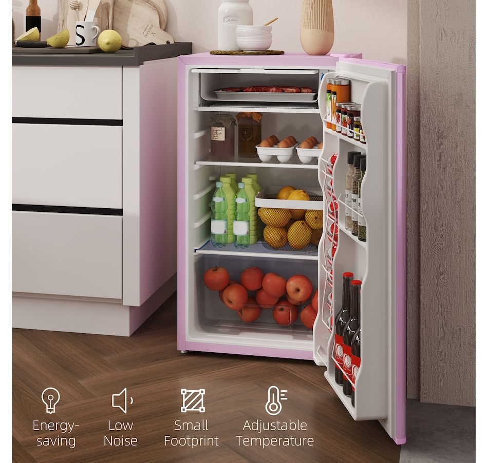 Image 988407_ALTMORE7.jpg, Product 988-407 / Price $254.99, HOMCOM Mini Fridge with Freezer Thermostat Reversible Door, Pink from HOMCOM on TSC.ca's Kitchen department