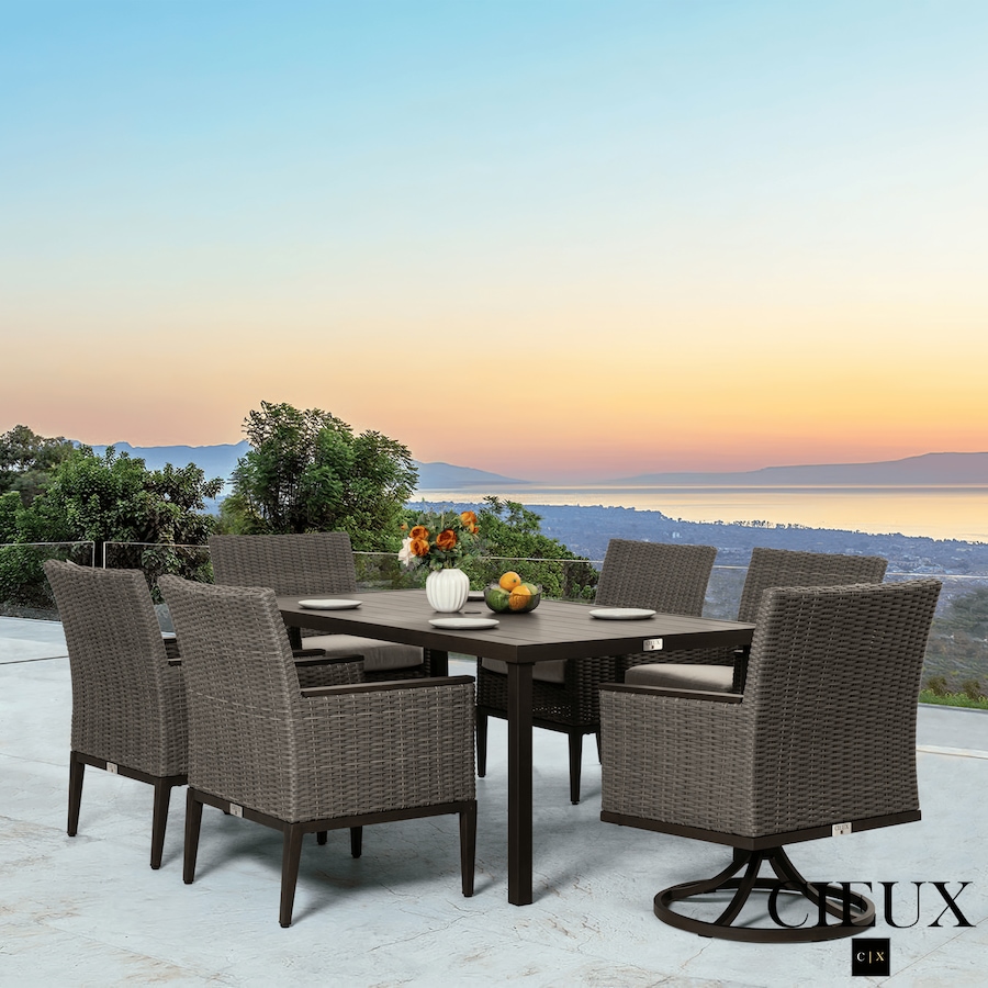 Image 988499.png, Product 988-499 / Price $3,569.99, CIEUX Loire Outdoor Patio Aluminum Metal 7 Piece Dining Table Set with 4 Arm Chairs, 2 Swivel Arm Chairs and Sunbrella Cast Silver Cushions from CIEUX on TSC.ca's Home & Garden department