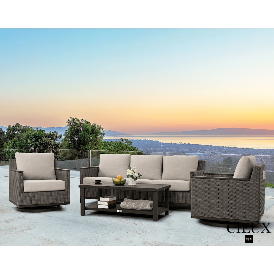 Image 988500.png, Product 988-500 / Price $3,569.99, CIEUX Loire Outdoor Patio Aluminum Metal Sofa Conversation Set with Swivel Club Chairs and Sunbrella Cast Silver Cushions from CIEUX on TSC.ca's Home & Garden department