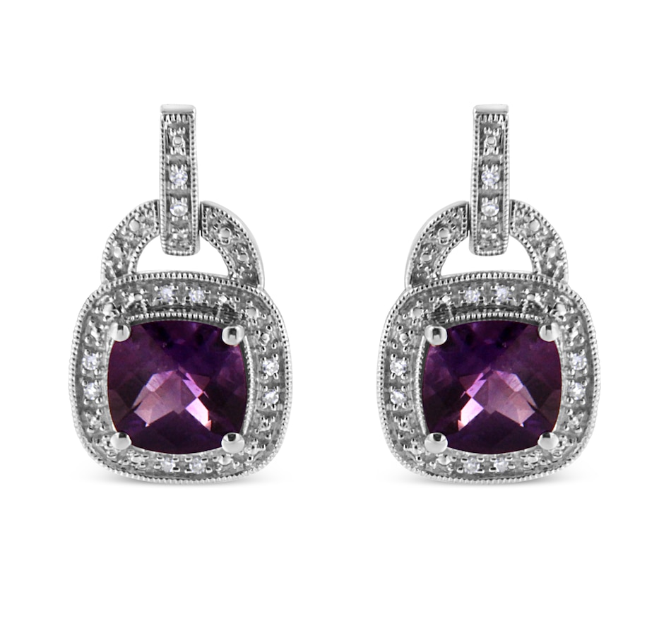 Image 990471.jpg, Product 990-471 / Price $1,105.00, .925 Sterling Silver 8MM Natural Cushion Shaped Amethyst and Diamond Accent Halo with Push Back Dangle Earrings (I-J Color, I2-I3 Clarity) from Haus of Brilliance on TSC.ca's Jewellery department