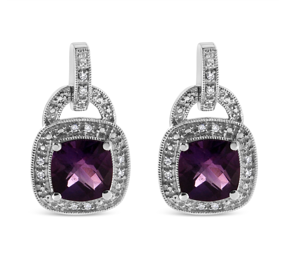Image 990471_ALTMORE1.jpg, Product 990-471 / Price $1,105.00, .925 Sterling Silver 8MM Natural Cushion Shaped Amethyst and Diamond Accent Halo with Push Back Dangle Earrings (I-J Color, I2-I3 Clarity) from Haus of Brilliance on TSC.ca's Jewellery department