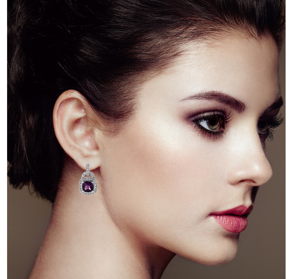 Image 990471_ALTMORE4.jpg, Product 990-471 / Price $1,105.00, .925 Sterling Silver 8MM Natural Cushion Shaped Amethyst and Diamond Accent Halo with Push Back Dangle Earrings (I-J Color, I2-I3 Clarity) from Haus of Brilliance on TSC.ca's Jewellery department