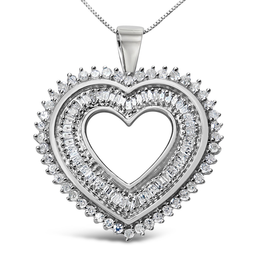 Image 990474.jpg, Product 990-474 / Price $1,603.00, .925 Sterling Silver 1.0 Cttw Baguette and Round Diamond  Heart Pendant 18" Necklace (H-I Color, I3 Clarity) from Haus of Brilliance on TSC.ca's Jewellery department