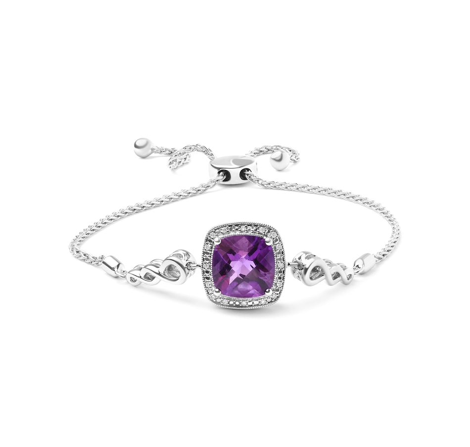 Image 990528.jpg, Product 990-528 / Price $1,800.00, .925 Sterling Silver 10mm Cushion Cut Amethyst Gemstone and Diamond Accent Lariat 4”-10” Adjustable Bolo Bracelet (H-I Color, SI1-SI2 Clarity) from Haus of Brilliance on TSC.ca's Jewellery department