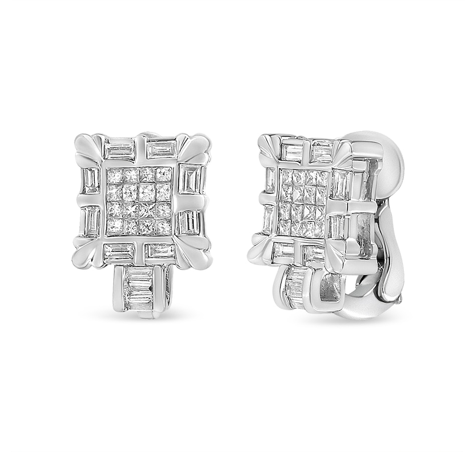 Image 990606.jpg, Product 990-606 / Price $8,942.00, 14K White Gold 1.0 Cttw Princess and Baguette-Cut Diamond Square Framed Huggie Hoop Omega Earrings (H-I Color, SI1-SI2 Clarity) from Haus of Brilliance on TSC.ca's Jewellery department