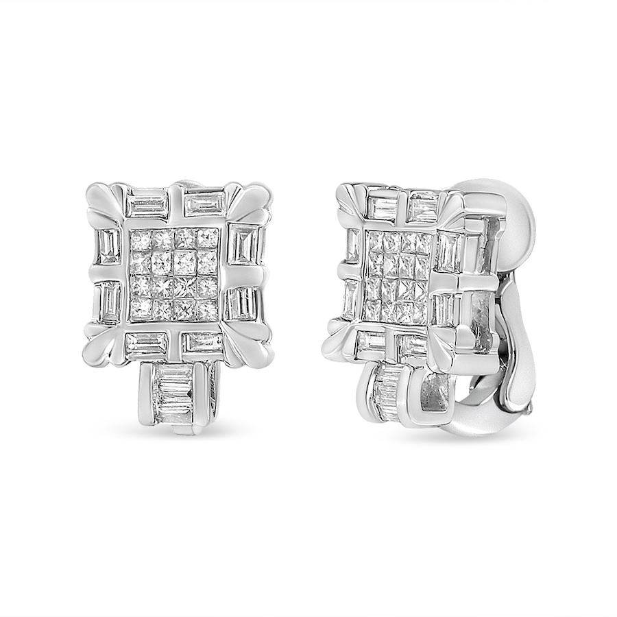 Image 990606.jpg, Product 990-606 / Price $8,942.00, 14K White Gold 1.0 Cttw Princess and Baguette-Cut Diamond Square Framed Huggie Hoop Omega Earrings (H-I Color, SI1-SI2 Clarity) from Haus of Brilliance on TSC.ca's Jewellery department