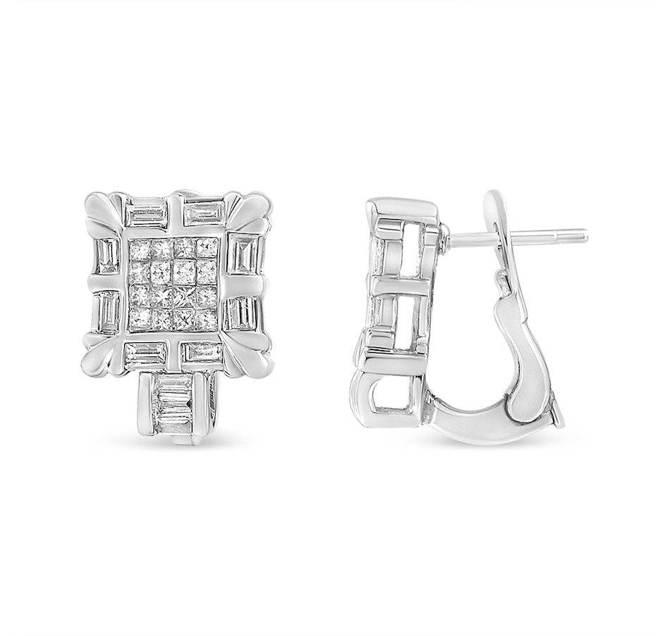 Image 990606_ALTMORE2.jpg, Product 990-606 / Price $8,942.00, 14K White Gold 1.0 Cttw Princess and Baguette-Cut Diamond Square Framed Huggie Hoop Omega Earrings (H-I Color, SI1-SI2 Clarity) from Haus of Brilliance on TSC.ca's Jewellery department