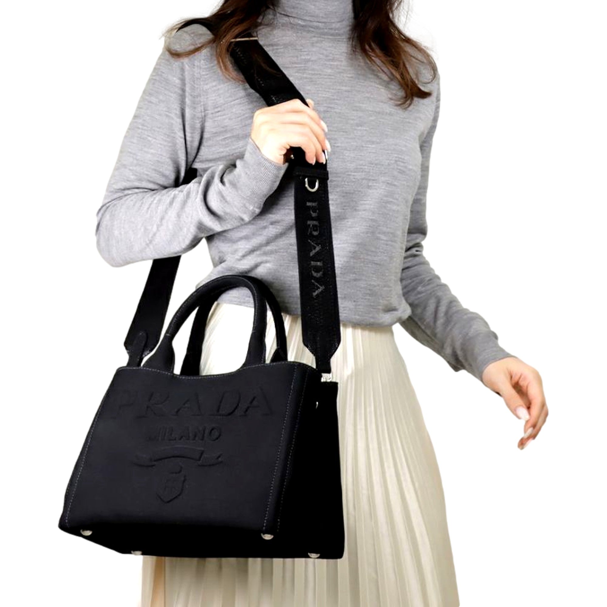 Prada Canapa Tote Handbag Canvas Embossed Lettering Logo