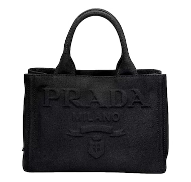 Prada Canapa Tote Handbag Canvas Embossed Lettering Logo Fabric Black