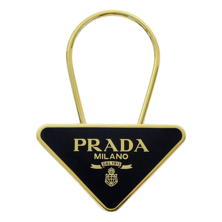 Image 992318_ST01.jpg, Product 992-318 / Price $676.00, Prada Enameled Metal Logo Pin Key Ring Black and Gold Purse Charm from Prada on TSC.ca's Fashion department
