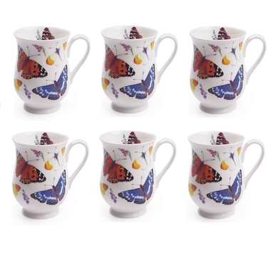 Roy Kirkham Eleanor Mug - Butterfly Garden Set of 6, Bone China Ceramic Made in England