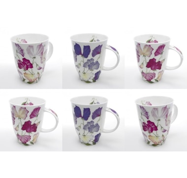 Roy Kirkham LOUISE MUG - SWEET PEA, Set of 6, Bone China Ceramic, Made in England