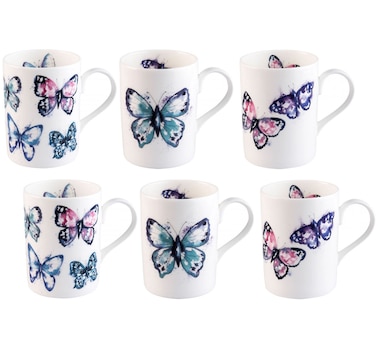 Roy Kirkham Lucy Mugs - Harmony Butterfly Set of 6, Bone China Ceramic, Made in England