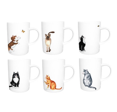 Roy Kirkham Lyric Mug - Cats Set of 6, Bone China Ceramic Made in England