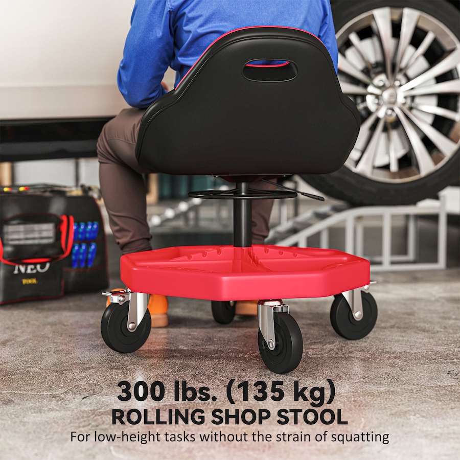 Image 993083_ALTMORE3.jpg, Product 993-083 / Price $129.99, HOMCOM Rolling Mechanic Stool, 300 LBS Capacity Garage Stool, Red from HOMCOM on TSC.ca's Home & Garden department