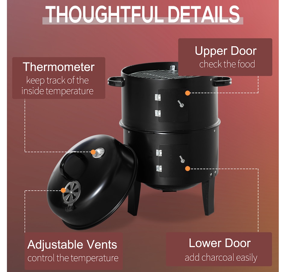 Image 993157_ALTMORE6.jpg, Product 993-157 / Price $99.99, Outsunny 3-in-1 Vertical Charcoal BBQ Smoker, 16" Round Barbecue Grill from Outsunny on TSC.ca's department