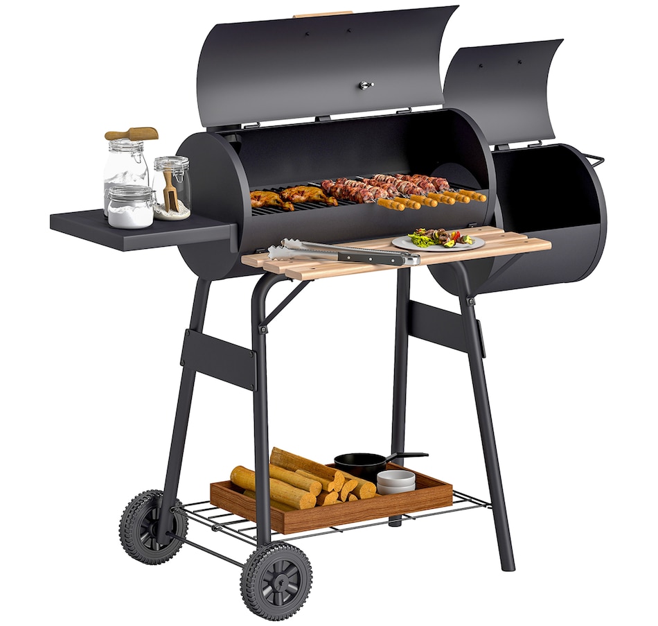 Image 993188_ALTMORE1.jpg, Product 993-188 / Price $189.99, Outsunny 49" Charcoal BBQ Grill with Offset Smoker Portable Backyard Cooking Smoker Outdoor Camp Picnic Barbecue Cooker with Thermometer Wheels and Storage Shelves from Outsunny on TSC.ca's department