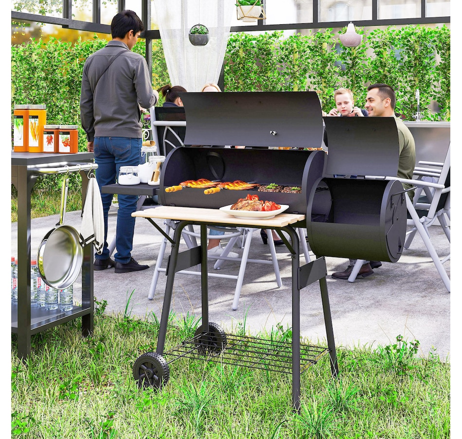 Image 993188_ALTMORE2.jpg, Product 993-188 / Price $189.99, Outsunny 49" Charcoal BBQ Grill with Offset Smoker Portable Backyard Cooking Smoker Outdoor Camp Picnic Barbecue Cooker with Thermometer Wheels and Storage Shelves from Outsunny on TSC.ca's department