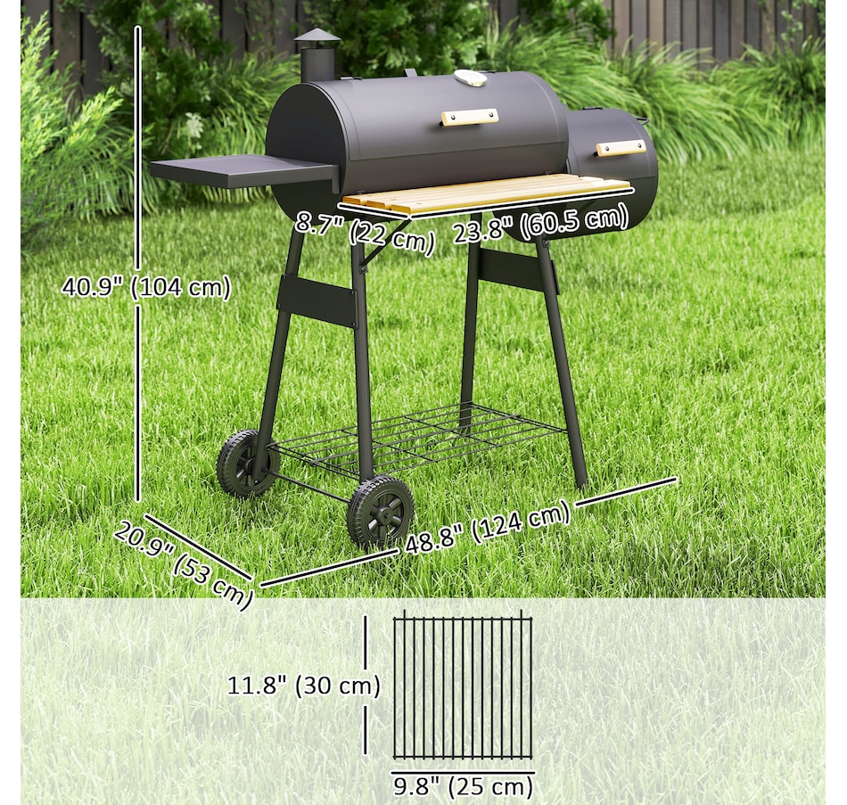 Image 993188_ALTMORE3.jpg, Product 993-188 / Price $189.99, Outsunny 49" Charcoal BBQ Grill with Offset Smoker Portable Backyard Cooking Smoker Outdoor Camp Picnic Barbecue Cooker with Thermometer Wheels and Storage Shelves from Outsunny on TSC.ca's department