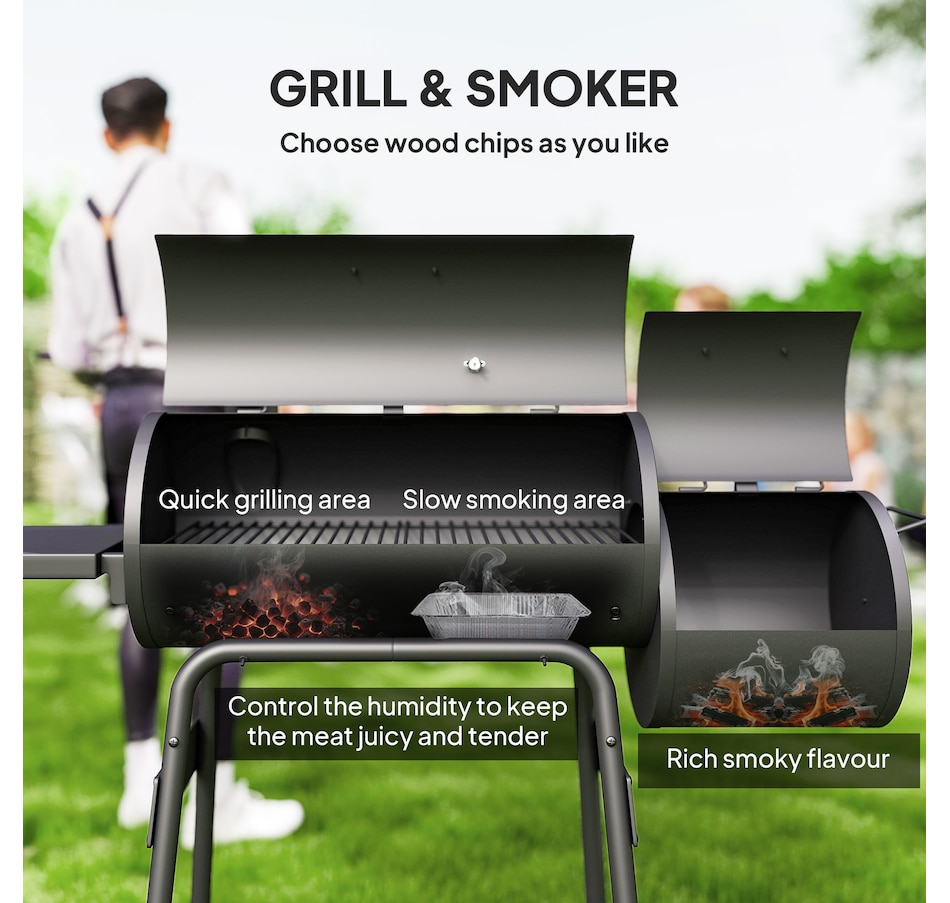 Image 993188_ALTMORE4.jpg, Product 993-188 / Price $189.99, Outsunny 49" Charcoal BBQ Grill with Offset Smoker Portable Backyard Cooking Smoker Outdoor Camp Picnic Barbecue Cooker with Thermometer Wheels and Storage Shelves from Outsunny on TSC.ca's department