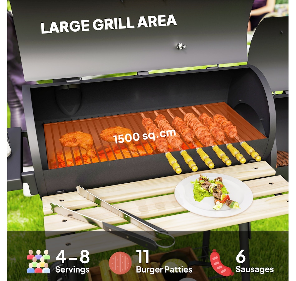 Image 993188_ALTMORE5.jpg, Product 993-188 / Price $189.99, Outsunny 49" Charcoal BBQ Grill with Offset Smoker Portable Backyard Cooking Smoker Outdoor Camp Picnic Barbecue Cooker with Thermometer Wheels and Storage Shelves from Outsunny on TSC.ca's department