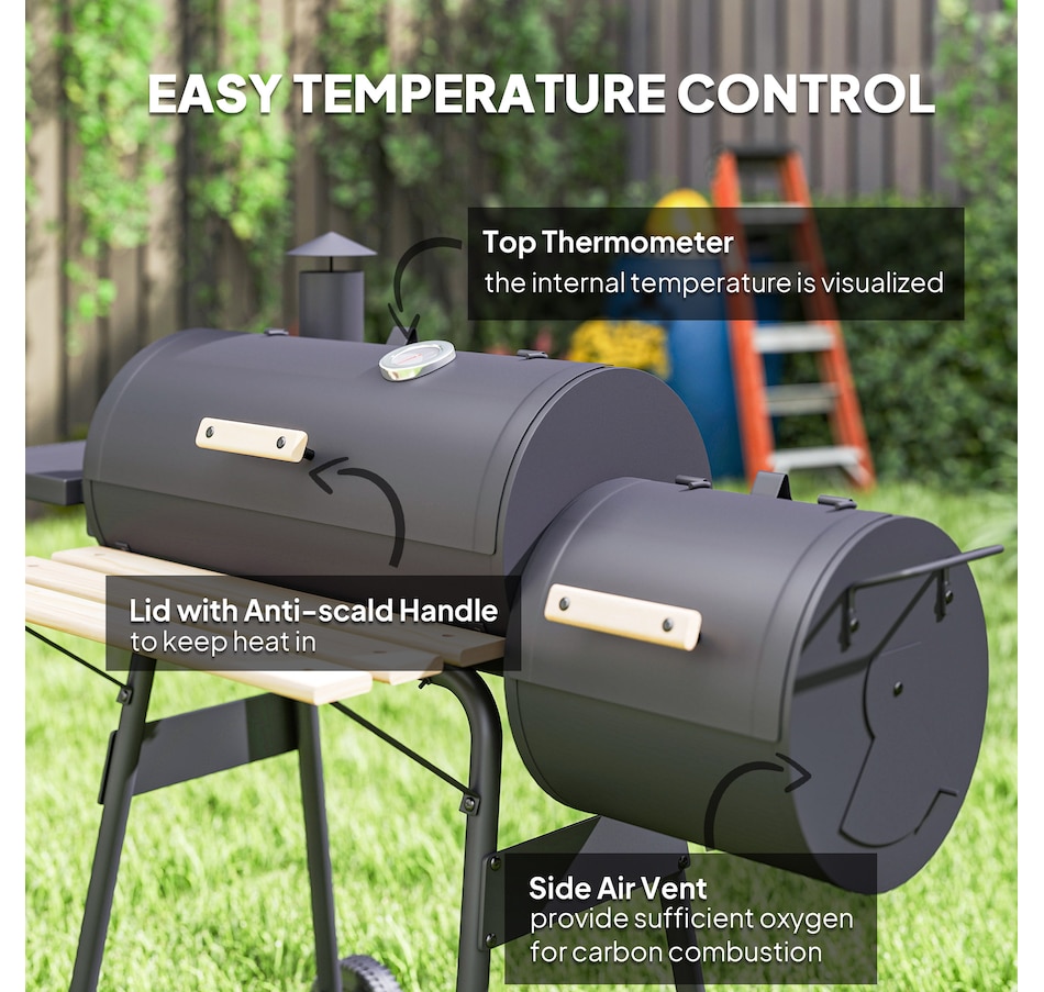 Image 993188_ALTMORE6.jpg, Product 993-188 / Price $189.99, Outsunny 49" Charcoal BBQ Grill with Offset Smoker Portable Backyard Cooking Smoker Outdoor Camp Picnic Barbecue Cooker with Thermometer Wheels and Storage Shelves from Outsunny on TSC.ca's department