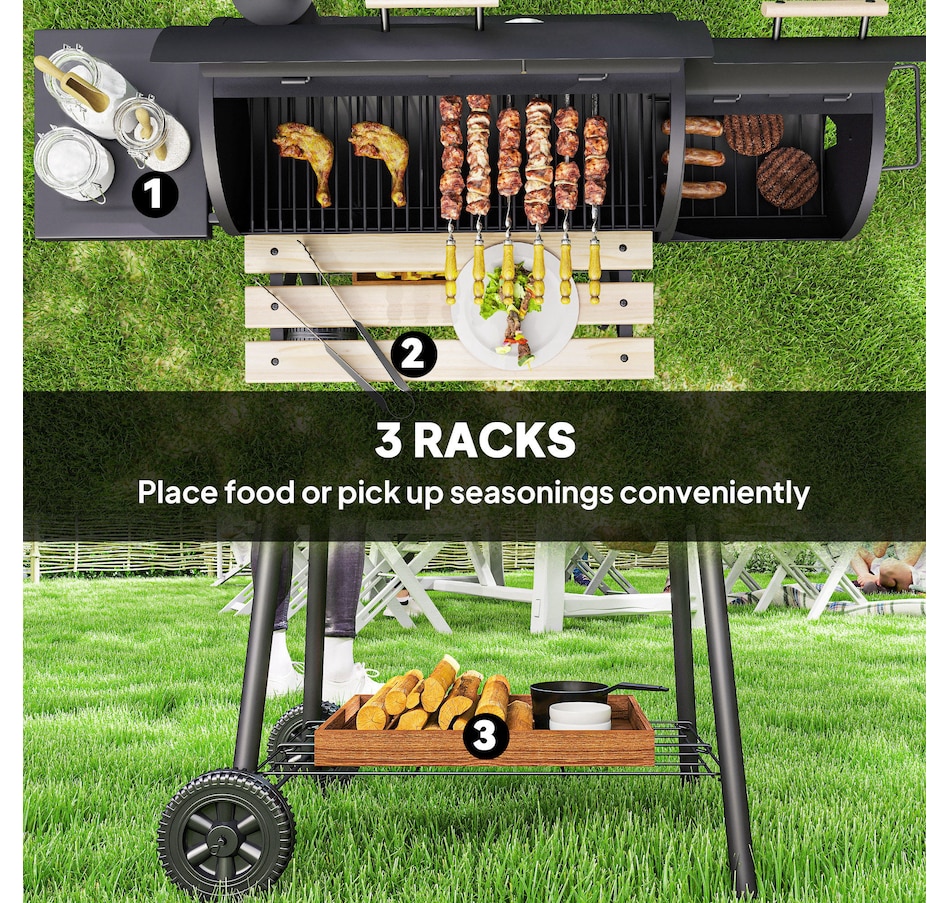 Image 993188_ALTMORE7.jpg, Product 993-188 / Price $189.99, Outsunny 49" Charcoal BBQ Grill with Offset Smoker Portable Backyard Cooking Smoker Outdoor Camp Picnic Barbecue Cooker with Thermometer Wheels and Storage Shelves from Outsunny on TSC.ca's department