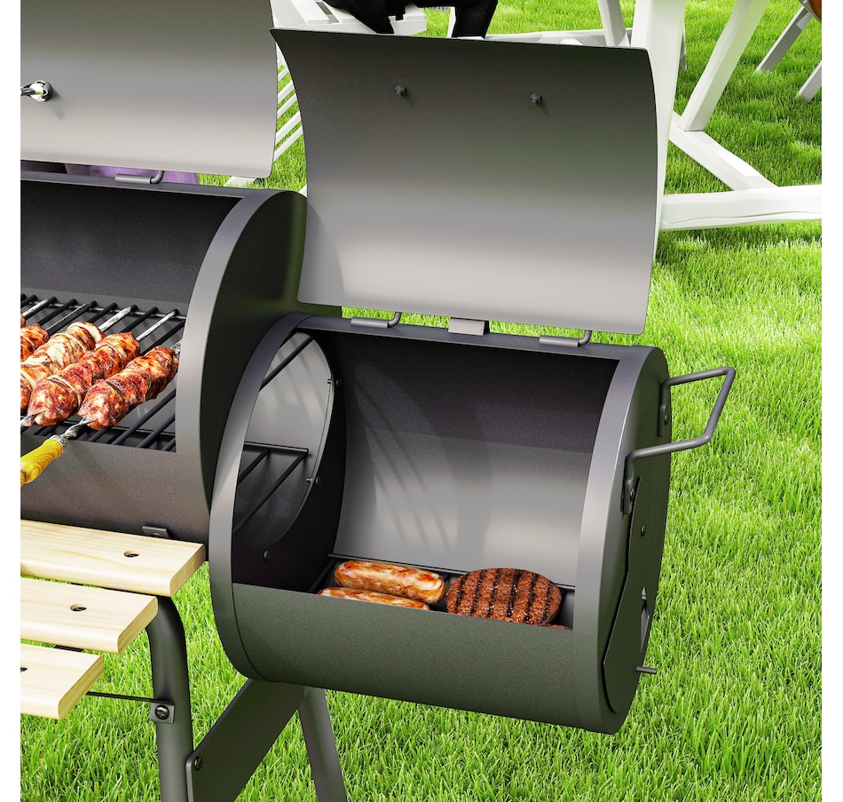Image 993188_ALTMORE9.jpg, Product 993-188 / Price $189.99, Outsunny 49" Charcoal BBQ Grill with Offset Smoker Portable Backyard Cooking Smoker Outdoor Camp Picnic Barbecue Cooker with Thermometer Wheels and Storage Shelves from Outsunny on TSC.ca's department