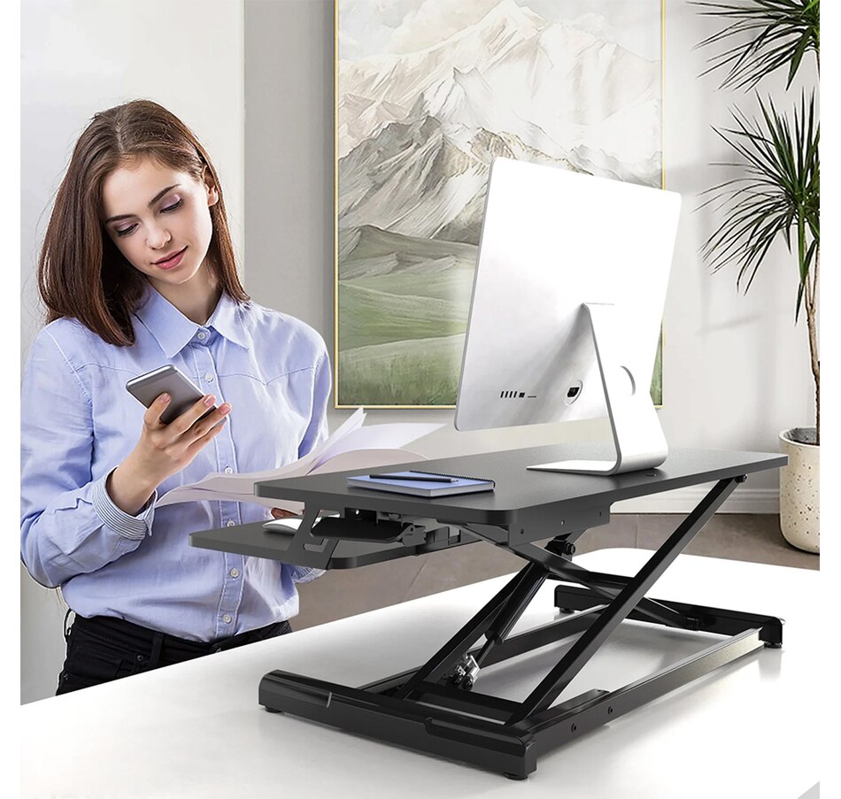 Image 993209_ALTMORE13.jpg, Product 993-209 / Price $129.99, Adjustable Sit-Stand Desk Riser | 33" Wide Surface | 35 lbs Capacity | Ergonomic Height Range (4.3"–19.3") | Removable Keyboard Tray | Non-Slip Base | Minimal Assembly | Wood & Metal Construction from IMGadgets on TSC.ca's Home & Garden department