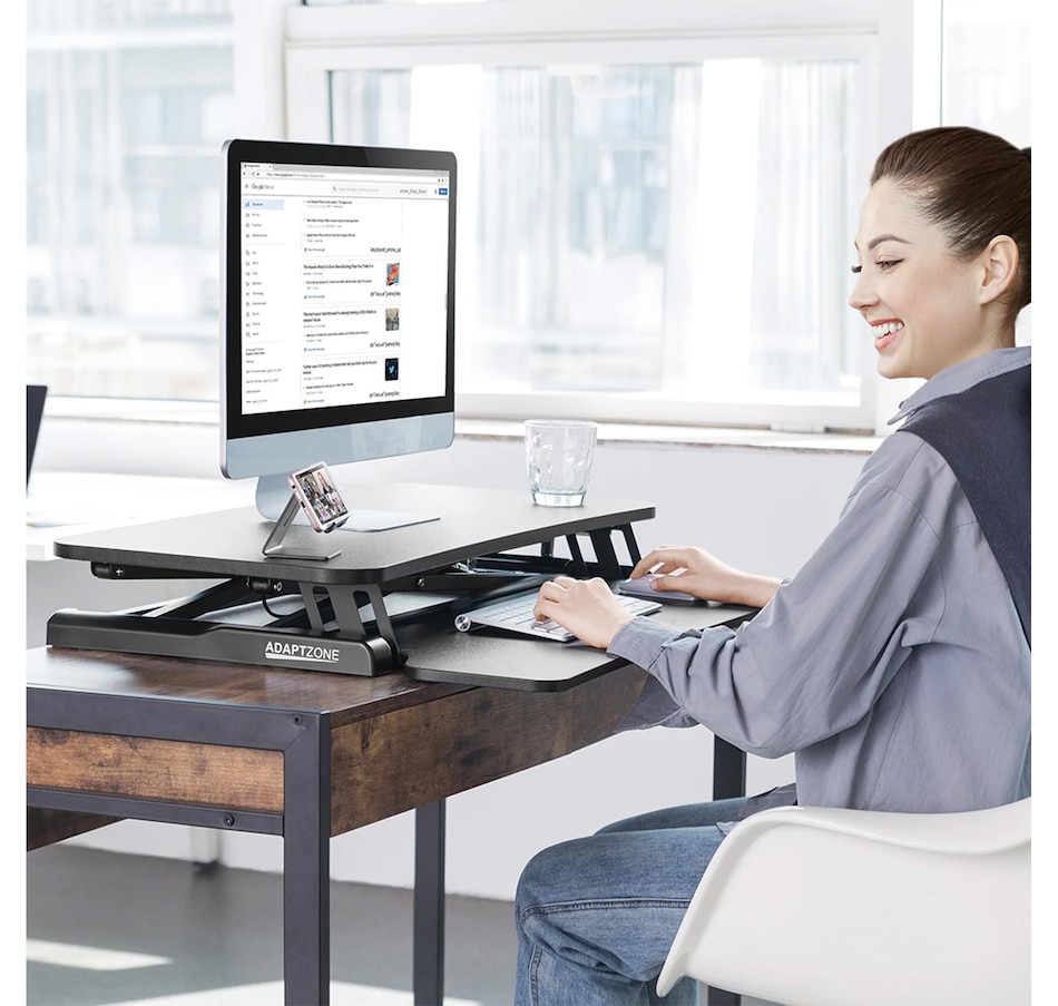 Image 993209_ALTMORE14.jpg, Product 993-209 / Price $129.99, Adjustable Sit-Stand Desk Riser | 33" Wide Surface | 35 lbs Capacity | Ergonomic Height Range (4.3"–19.3") | Removable Keyboard Tray | Non-Slip Base | Minimal Assembly | Wood & Metal Construction from IMGadgets on TSC.ca's Home & Garden department