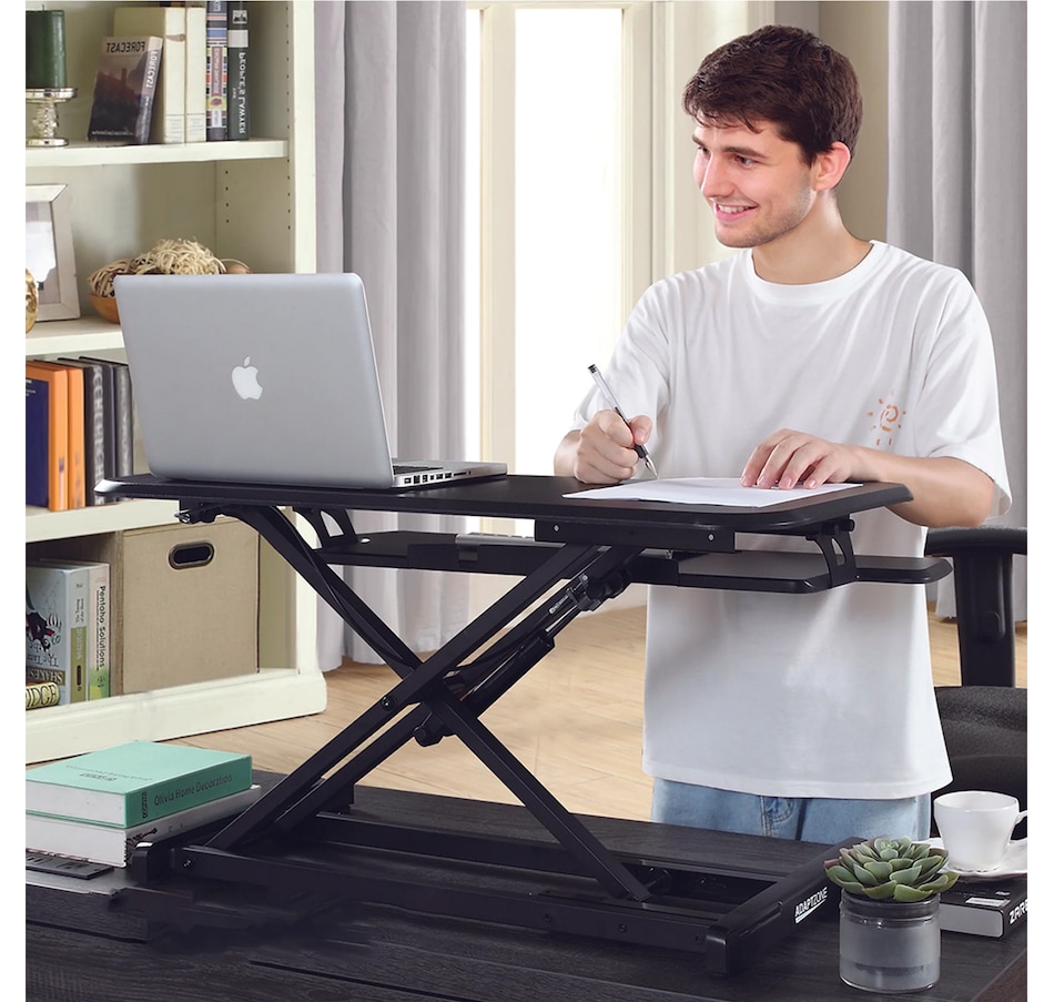 Image 993209_ALTMORE4.jpg, Product 993-209 / Price $129.99, Adjustable Sit-Stand Desk Riser | 33" Wide Surface | 35 lbs Capacity | Ergonomic Height Range (4.3"–19.3") | Removable Keyboard Tray | Non-Slip Base | Minimal Assembly | Wood & Metal Construction from IMGadgets on TSC.ca's Home & Garden department