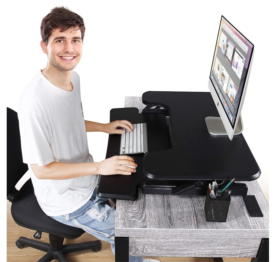 Image 993209_ALTMORE5.jpg, Product 993-209 / Price $129.99, Adjustable Sit-Stand Desk Riser | 33" Wide Surface | 35 lbs Capacity | Ergonomic Height Range (4.3"–19.3") | Removable Keyboard Tray | Non-Slip Base | Minimal Assembly | Wood & Metal Construction from IMGadgets on TSC.ca's Home & Garden department