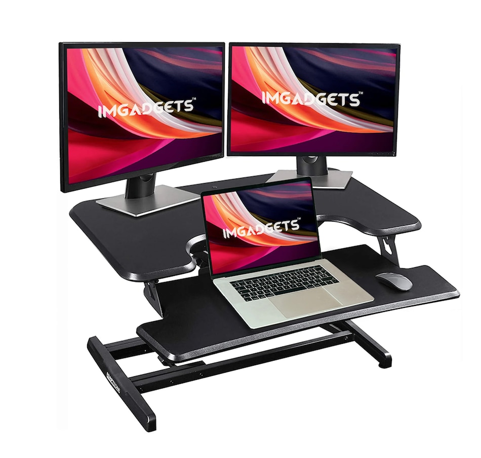 Image 993209_ST01.jpg, Product 993-209 / Price $129.99, Adjustable Sit-Stand Desk Riser | 33" Wide Surface | 35 lbs Capacity | Ergonomic Height Range (4.3"–19.3") | Removable Keyboard Tray | Non-Slip Base | Minimal Assembly | Wood & Metal Construction from IMGadgets on TSC.ca's Home & Garden department