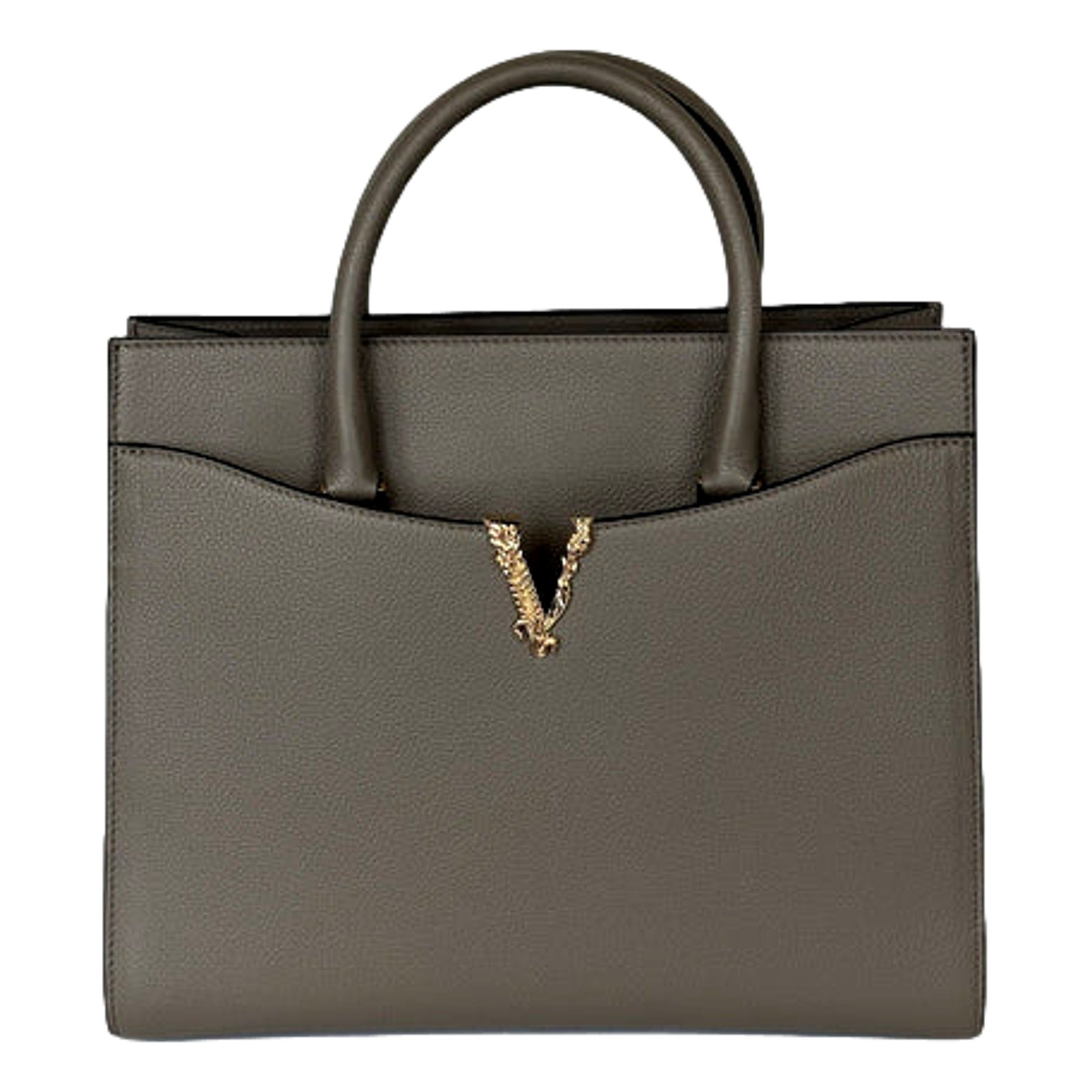【美品】◆ アデランス VIRUGA◆ Versace Virtus Medium Top Handle Tote Taupe Grey Calfskin Leather