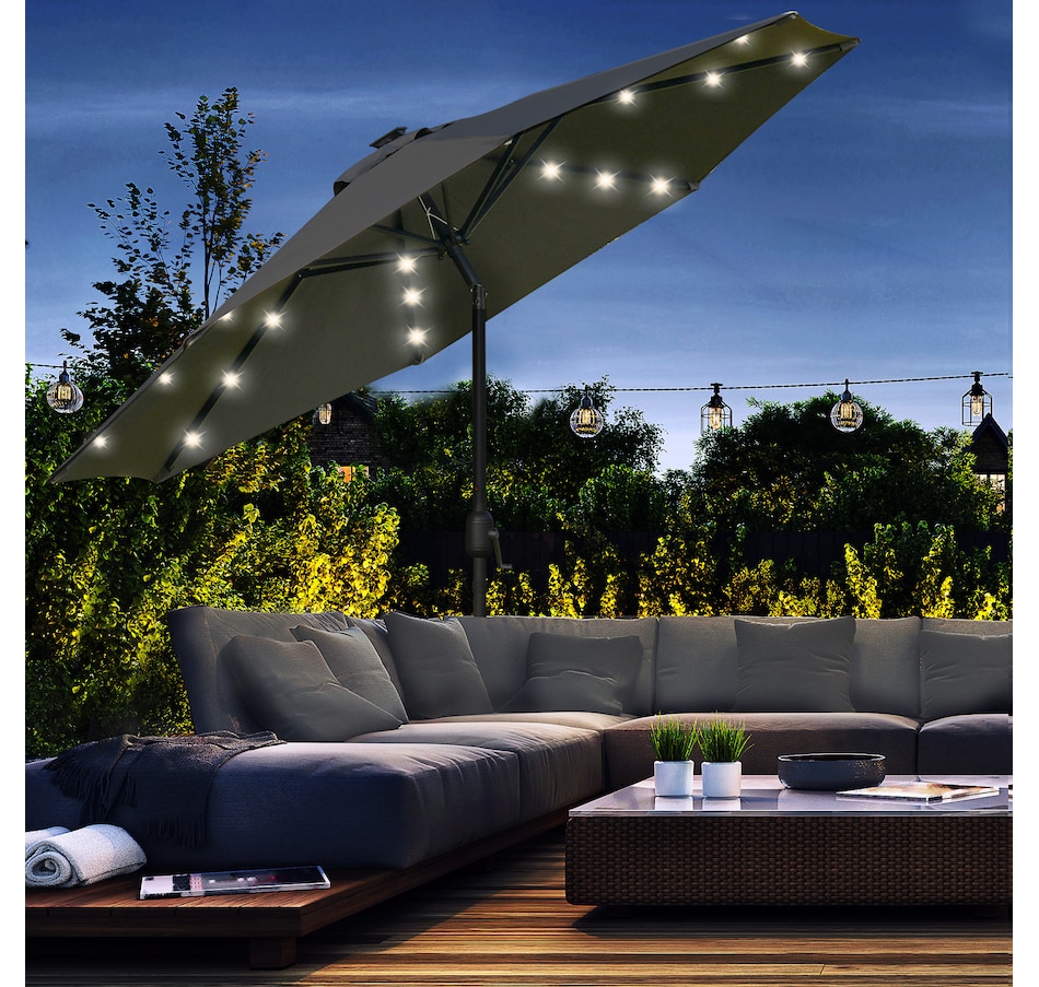 Image 993355_ALTMORE1.jpg, Product 993-355 / Price $109.99, Outsunny 9ft Solar Patio Umbrella with LED Lights Tilt Canopy, Grey from Outsunny on TSC.ca's Home & Garden department