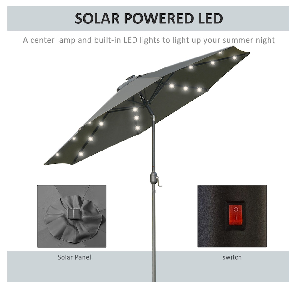 Image 993355_ALTMORE3.jpg, Product 993-355 / Price $109.99, Outsunny 9ft Solar Patio Umbrella with LED Lights Tilt Canopy, Grey from Outsunny on TSC.ca's Home & Garden department