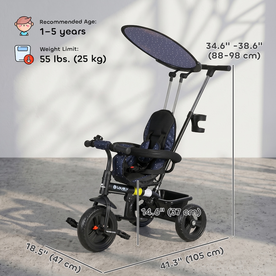 Image 993464_ALTMORE16.jpg, Product 993-464 / Price $109.99, Qaba 6 in 1 Kids Tricycle with Removable Handlebar and Canopy, Navy Blue from Qaba on TSC.ca's Toys & Hobbies department
