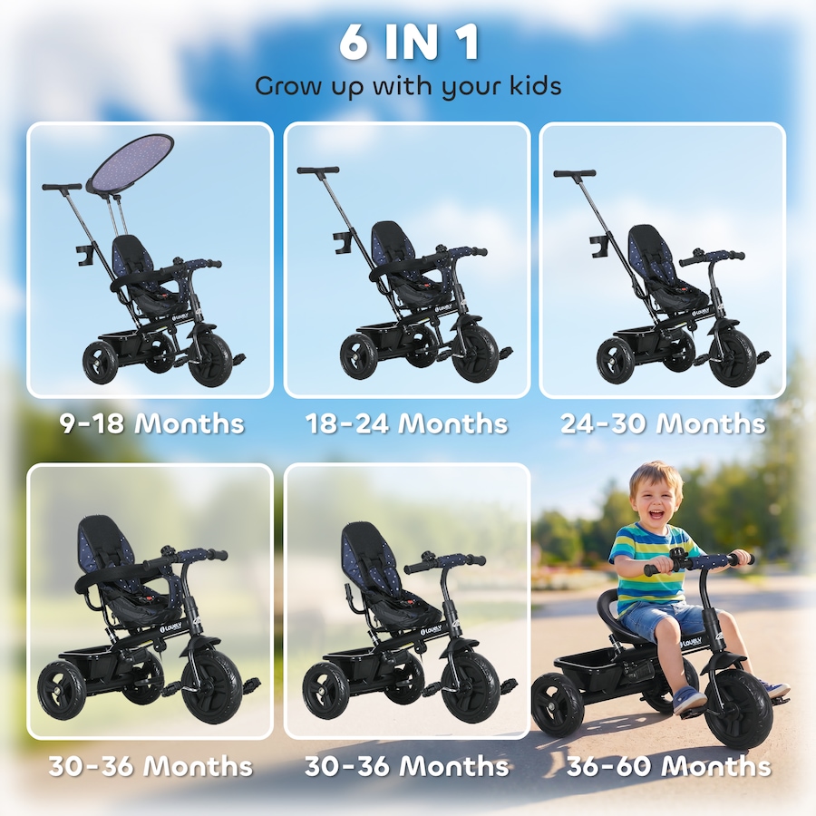 Image 993464_ALTMORE17.jpg, Product 993-464 / Price $109.99, Qaba 6 in 1 Kids Tricycle with Removable Handlebar and Canopy, Navy Blue from Qaba on TSC.ca's Toys & Hobbies department