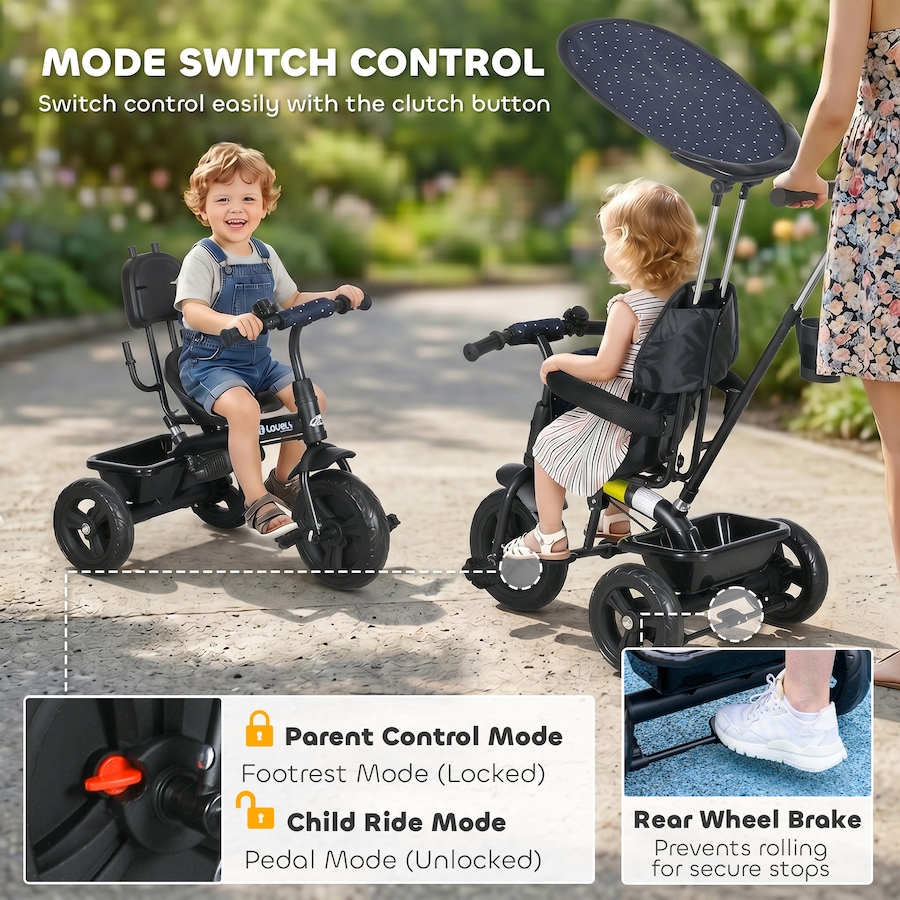 Image 993464_ALTMORE18.jpg, Product 993-464 / Price $109.99, Qaba 6 in 1 Kids Tricycle with Removable Handlebar and Canopy, Navy Blue from Qaba on TSC.ca's Toys & Hobbies department