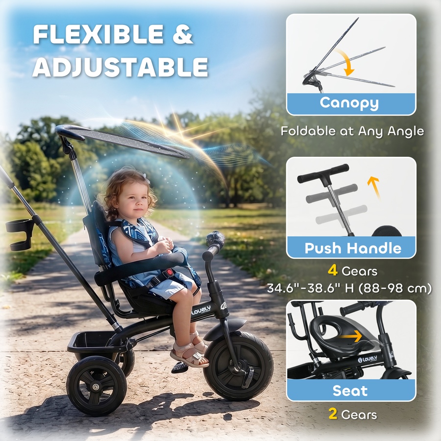 Image 993464_ALTMORE22.jpg, Product 993-464 / Price $109.99, Qaba 6 in 1 Kids Tricycle with Removable Handlebar and Canopy, Navy Blue from Qaba on TSC.ca's Toys & Hobbies department