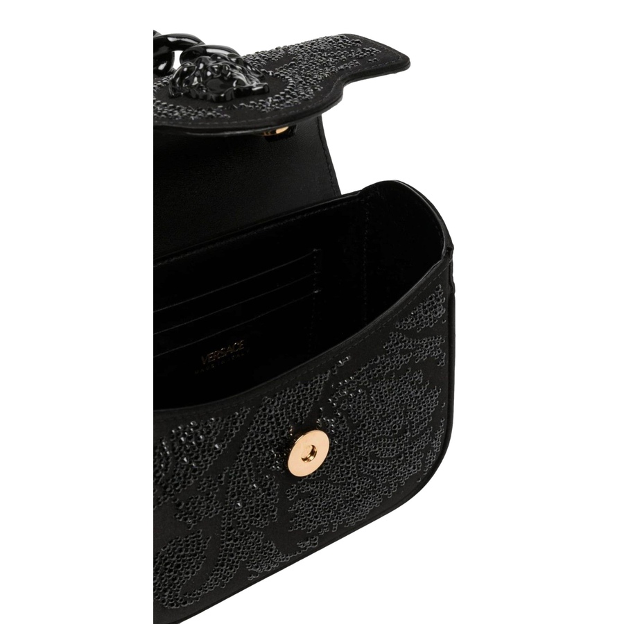 Image 993492_ALTMORE9.jpg, Product 993-492 / Price $5,009.00, Versace La Medusa Crystal Mini Top Handle Tote Crossbody Black Silk from Versace on TSC.ca's Fashion department