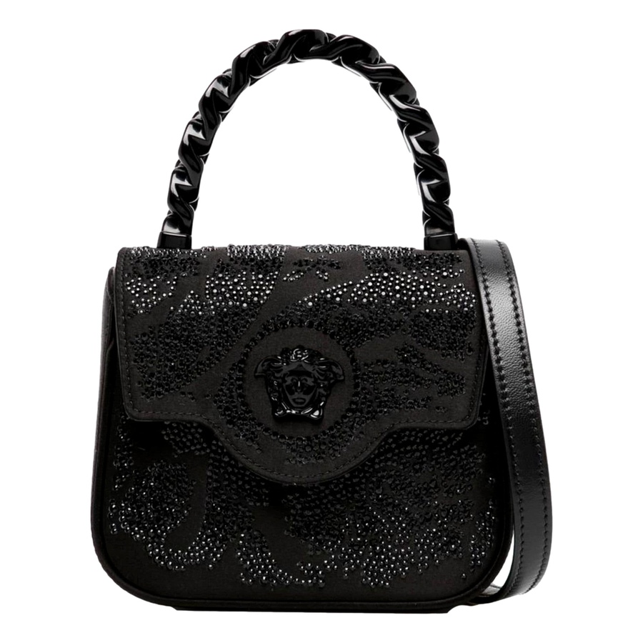 Image 993492_ST01.jpg, Product 993-492 / Price $5,009.00, Versace La Medusa Crystal Mini Top Handle Tote Crossbody Black Silk from Versace on TSC.ca's Fashion department