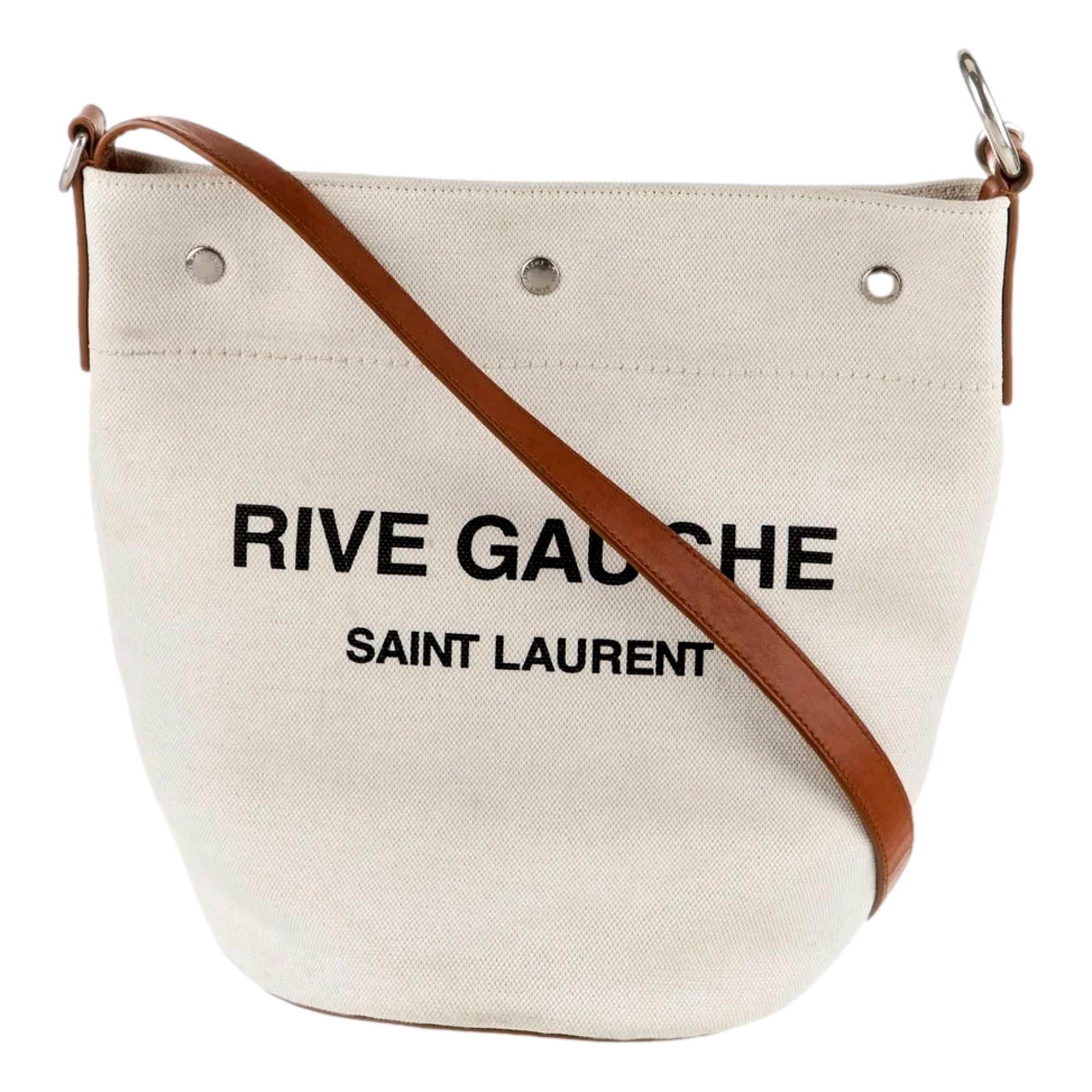 Saint Laurent Rive Gauche Brown Leather Trim Linen Bucket Bag - TSC.ca