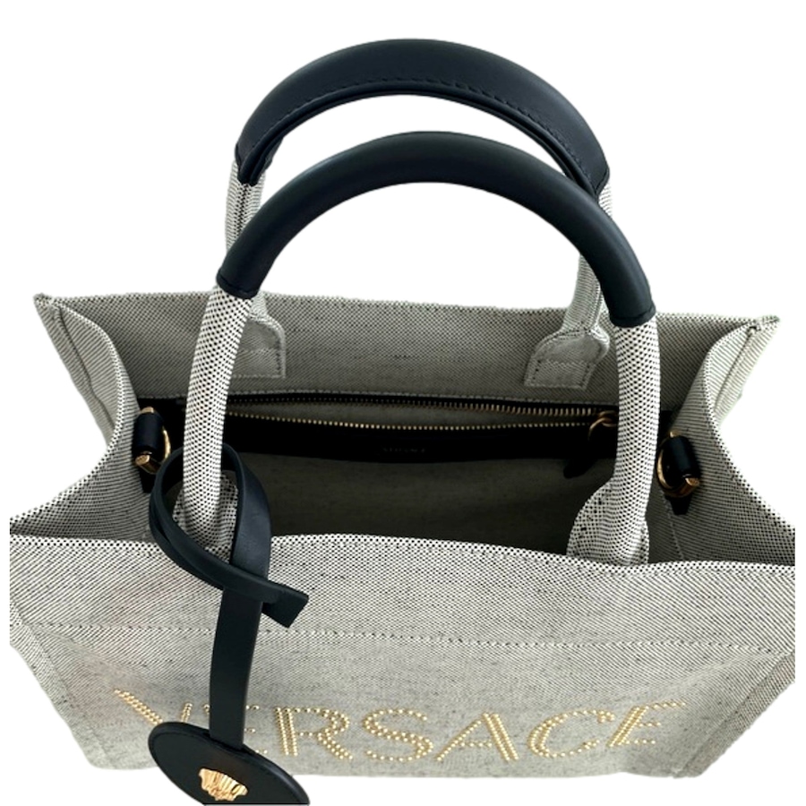 Image 993678_ALTMORE9.jpg, Product 993-678 / Price $2,147.00, Versace Studded Logo Mini Tote Ecru Canvas Crossbody Bag Gold Hardware from Versace on TSC.ca's Fashion department