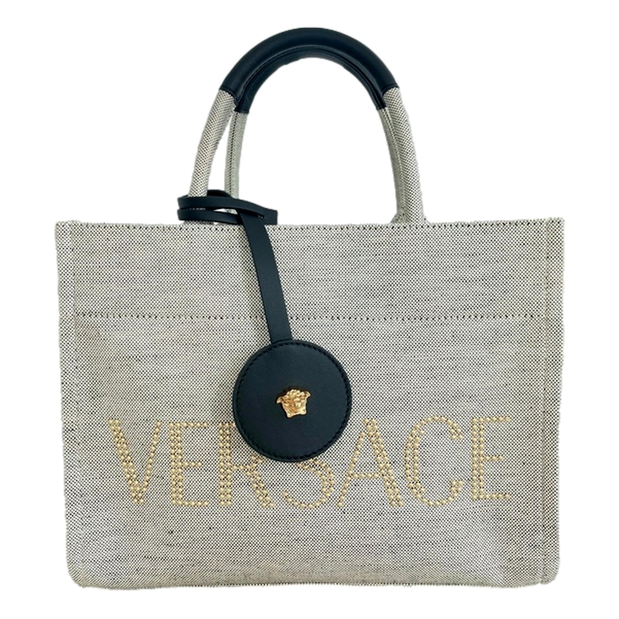 Image 993678_ST01.jpg, Product 993-678 / Price $2,147.00, Versace Studded Logo Mini Tote Ecru Canvas Crossbody Bag Gold Hardware from Versace on TSC.ca's Fashion department