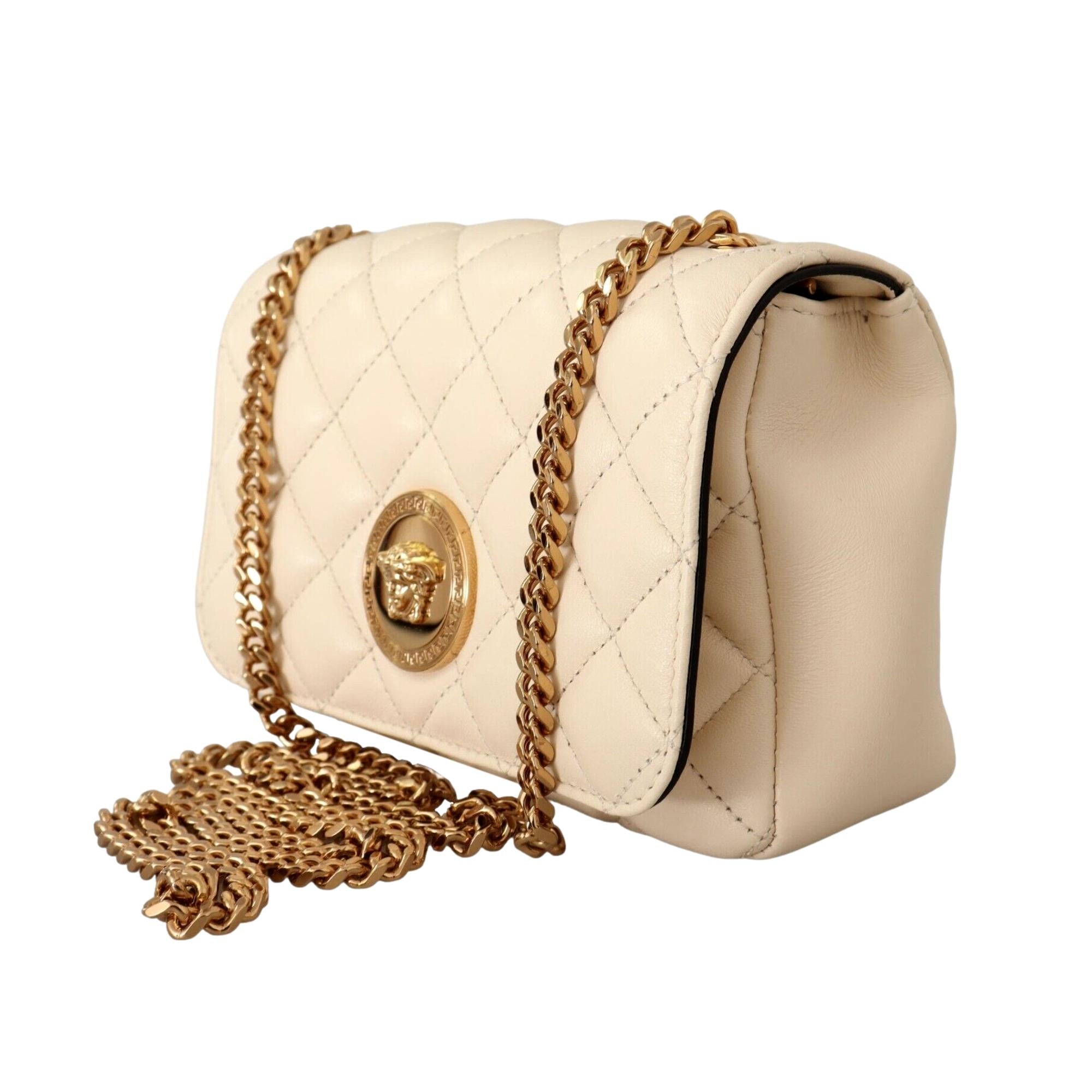 Versace La Medusa Nappa Quilted Beige Leather Small Crossbody Bag