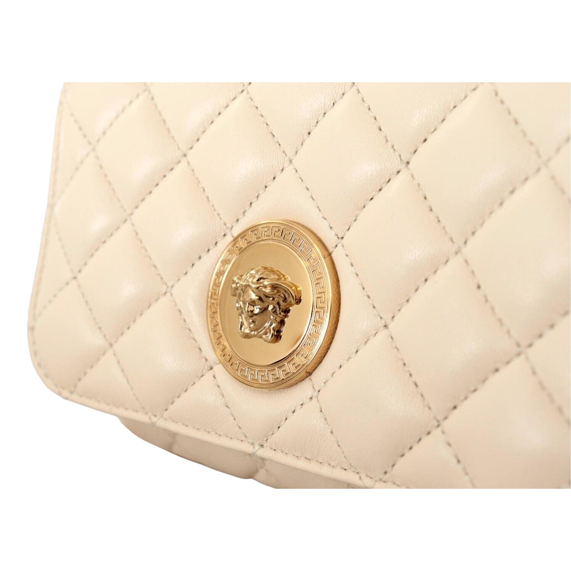 Versace La Medusa Nappa Quilted Beige Leather Small Crossbody Bag