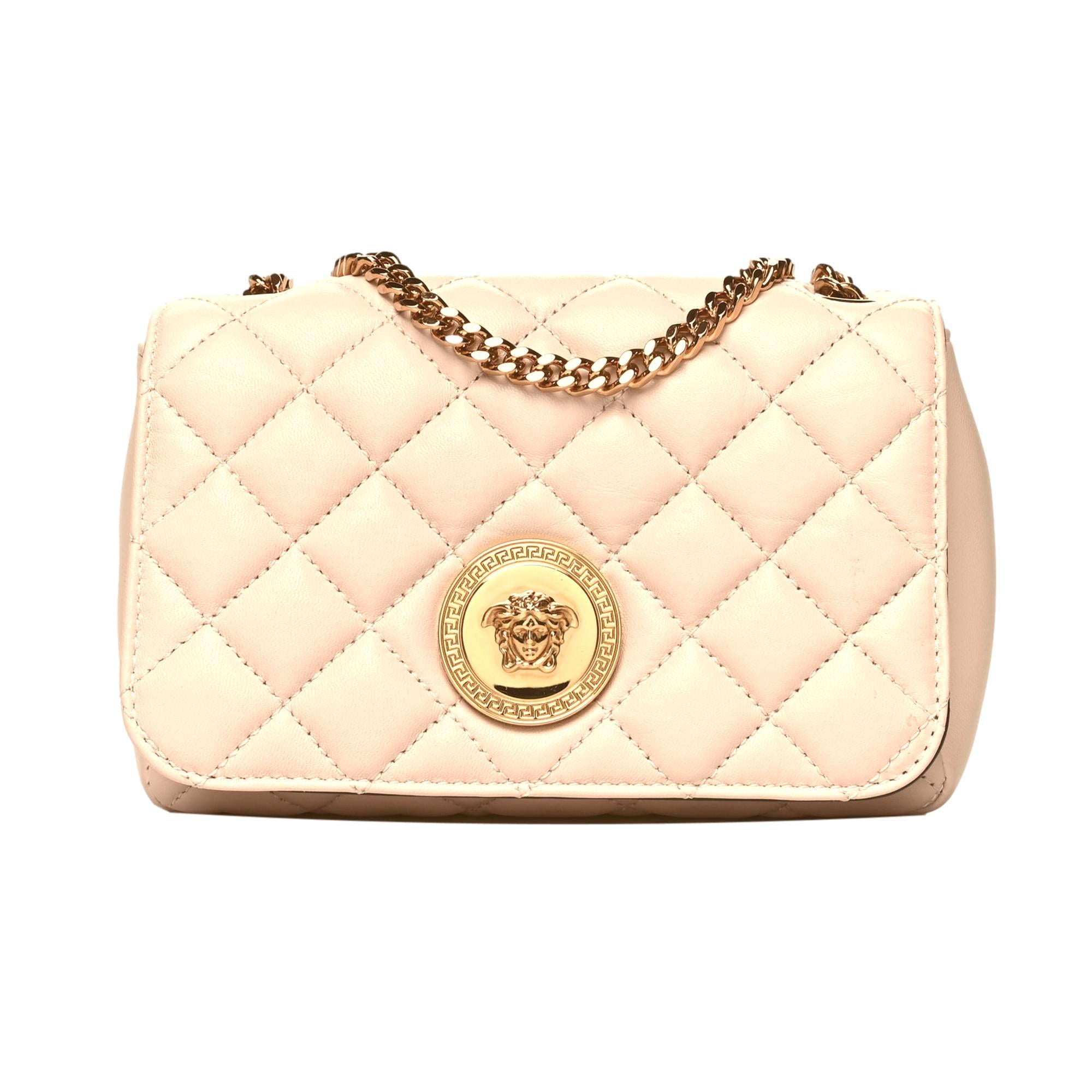 Versace La Medusa Nappa Quilted Beige Leather Small Crossbody Bag