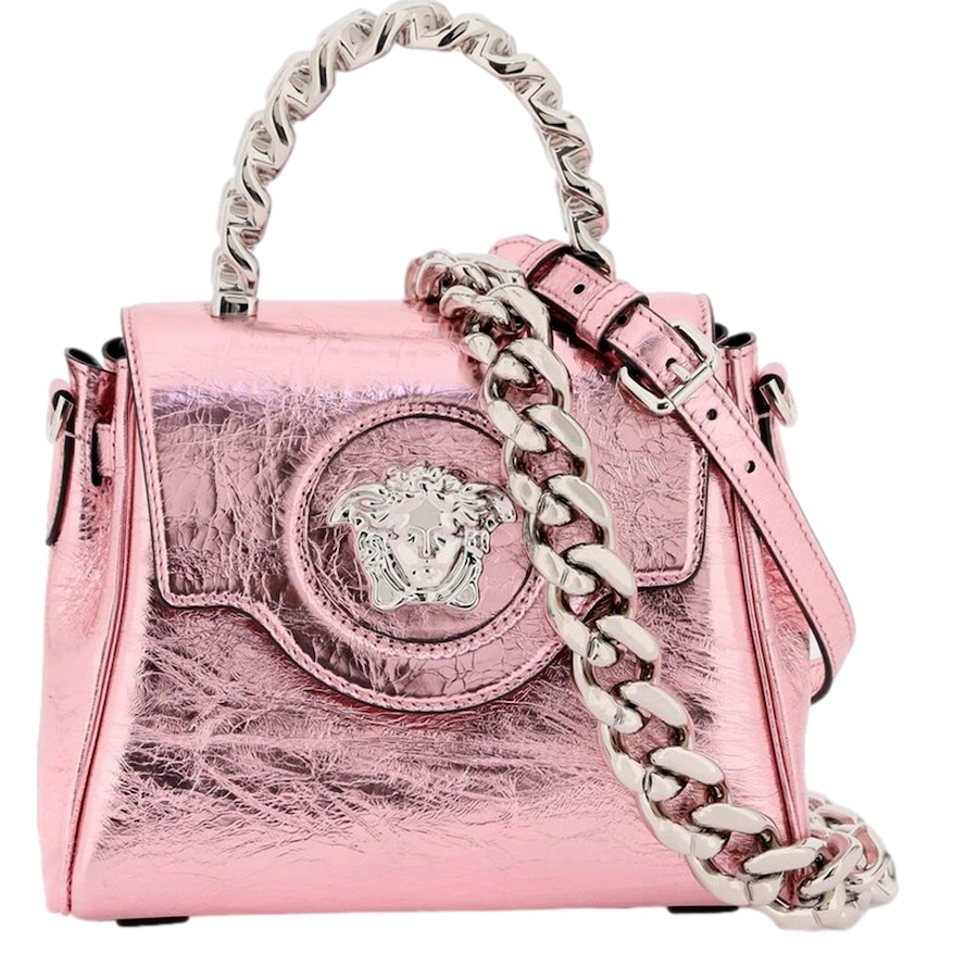 Image 993763_ST01.jpg, Product 993-763 / Price $3,498.00, Versace La Medusa Metallic Pink Mini Top Handle Bag Chain Crossbody from Versace on TSC.ca's Fashion department