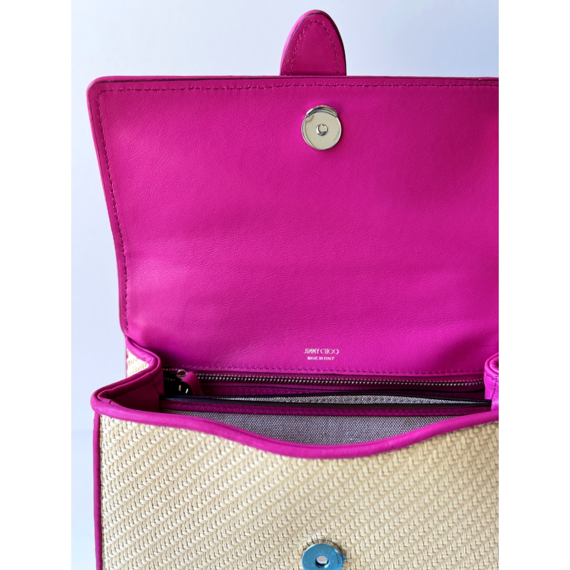 Jimmy Choo Cheri Medium Raffia Top Handle Bag Pink Crystal Buckle